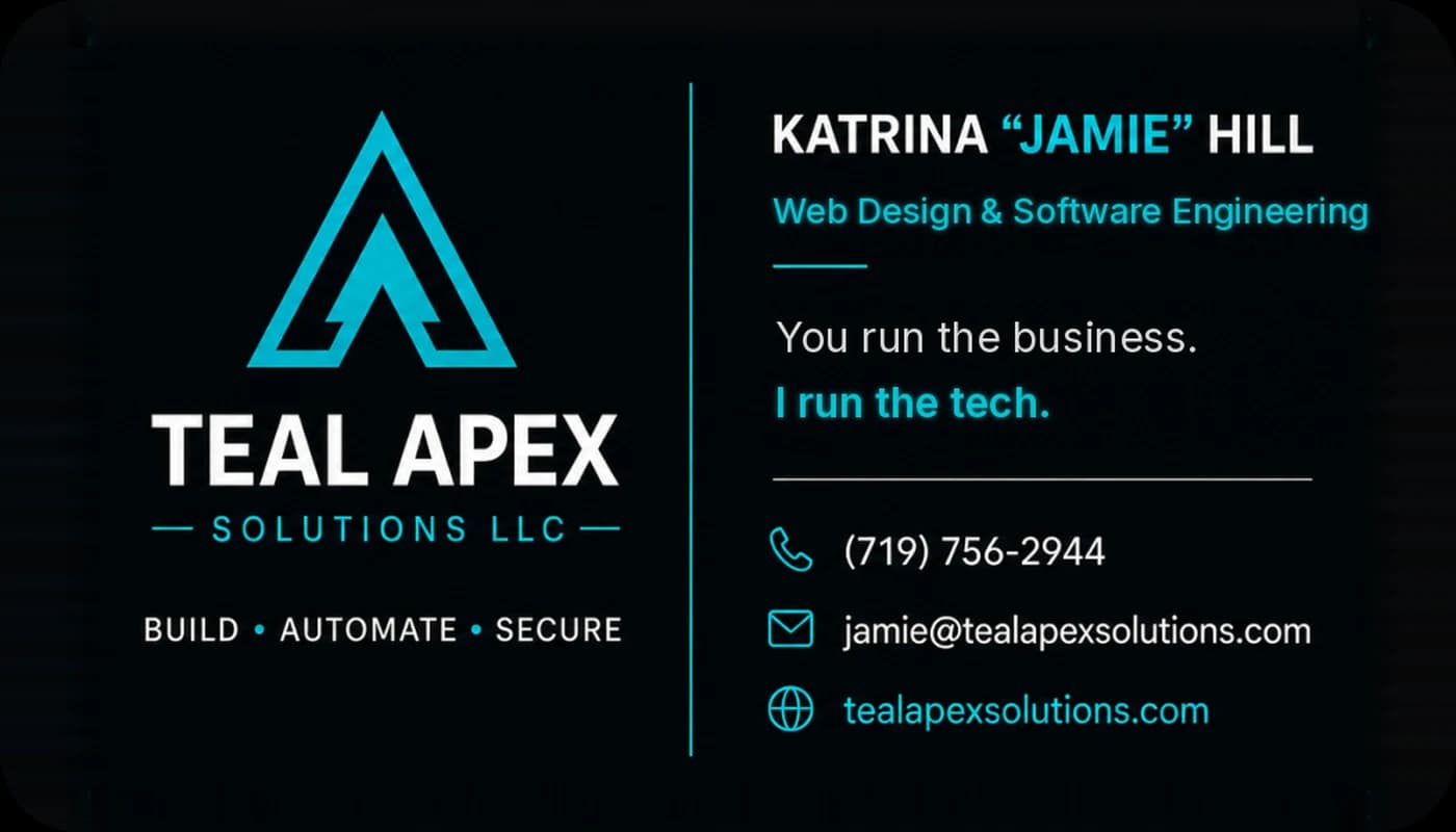 Teal Apex Solutions business card. Jamie, web design and software engineering.
